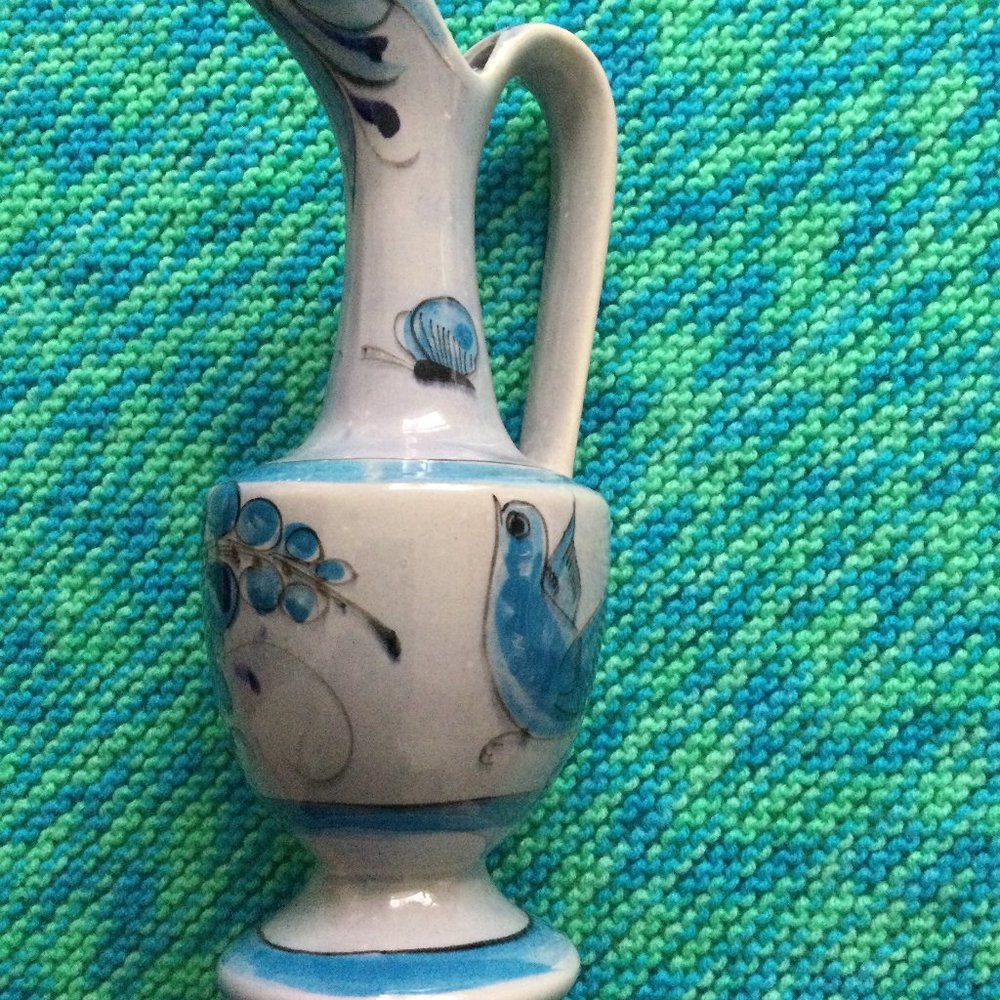 Beautiful handled ceramic vase water pitcher birds butterflies hand painted blue